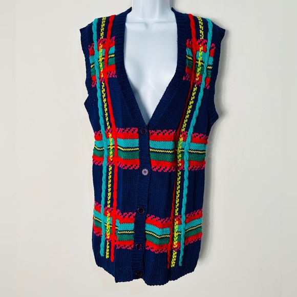 Vintage Knit Plaid Vest Cardigan By Susan Bristol Size M - Picture 4 of 5